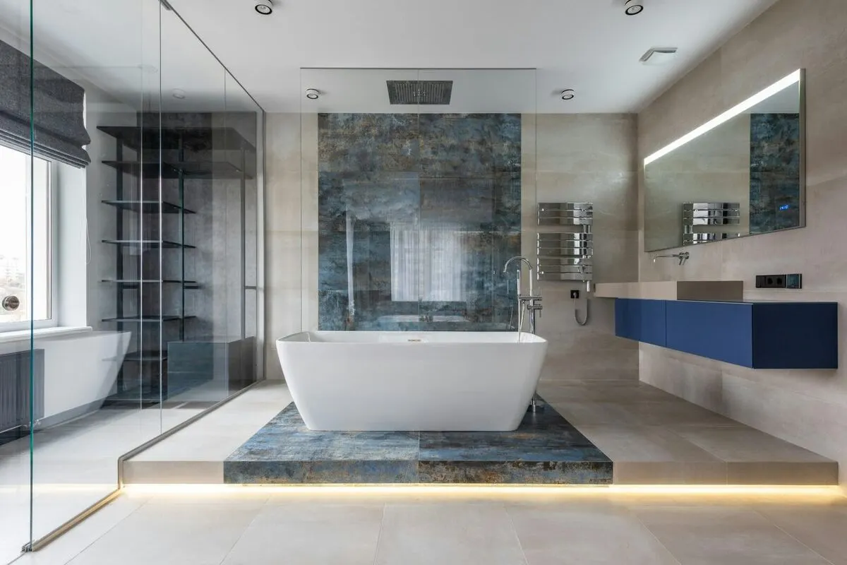 Modern bathroom renovation with freestanding tub