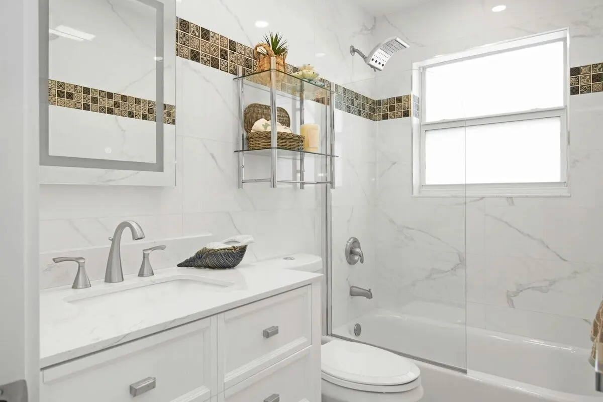 Modern bathroom renovation with freestanding tub