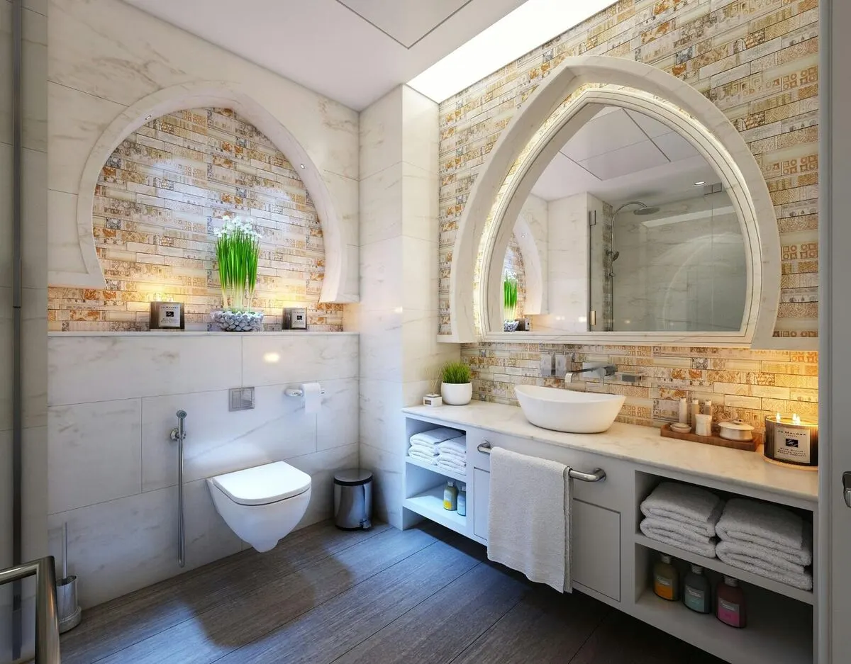 Designer bathroom with double vanity and walk-in shower